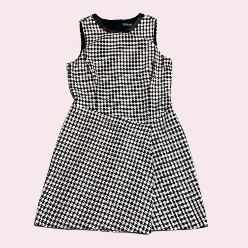 LAUREN RALPH LAUREN GEOMETRIC FAUX LEATHER TRIM SLEEVELESS DRESS PLUS SZ 16